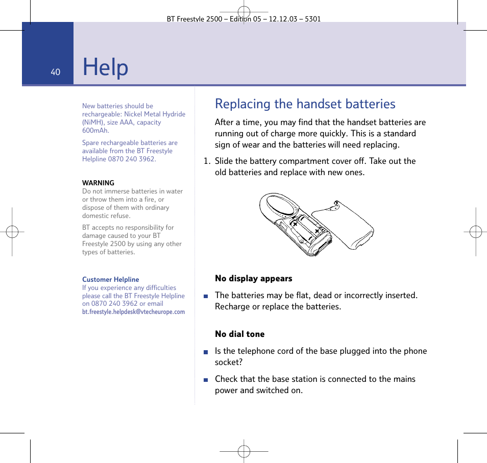 Help, Replacing the handset batteries | BT Freestyle 2500 User Manual | Page 40 / 52