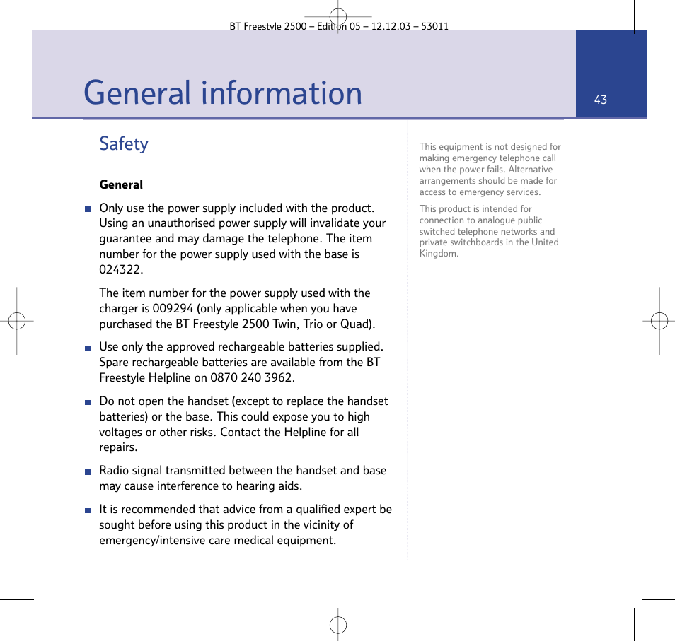 General information, Safety | BT Freestyle 2500 User Manual | Page 43 / 52