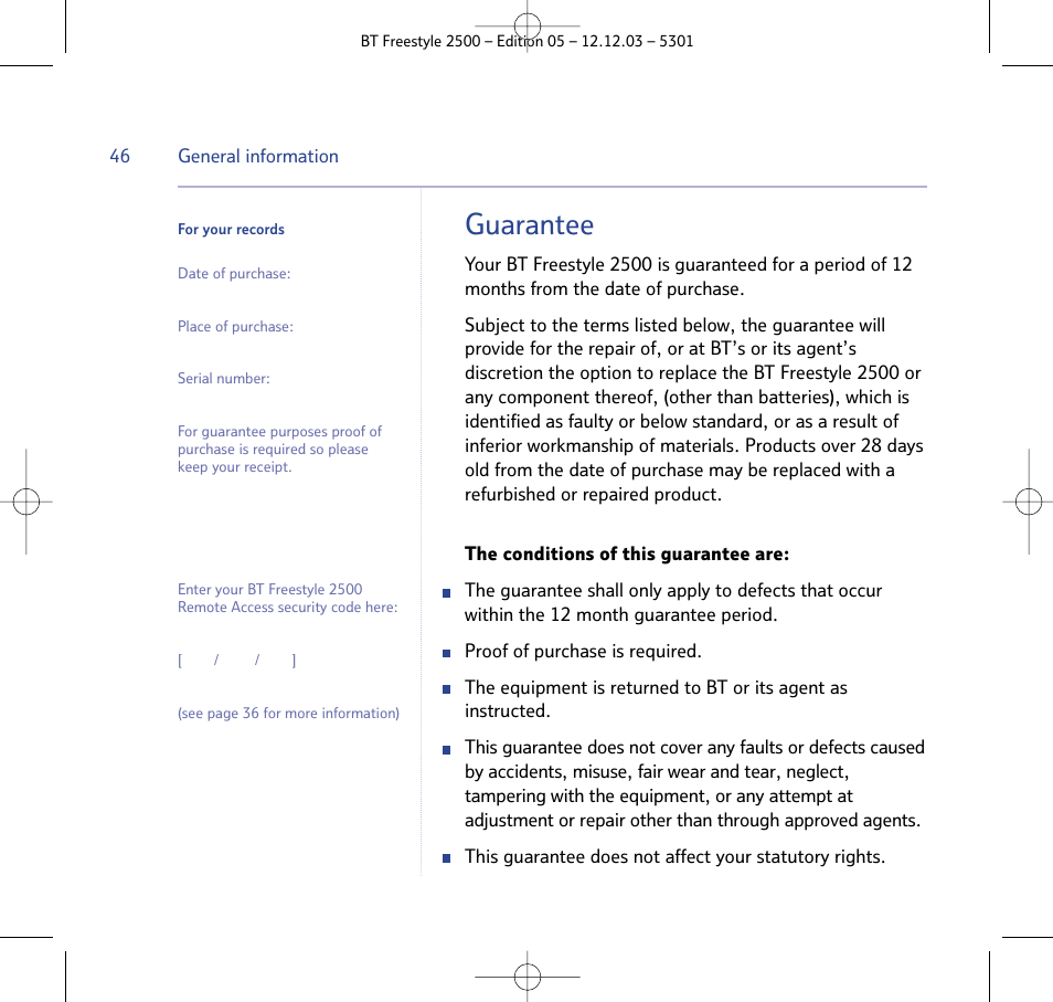 Guarantee | BT Freestyle 2500 User Manual | Page 46 / 52