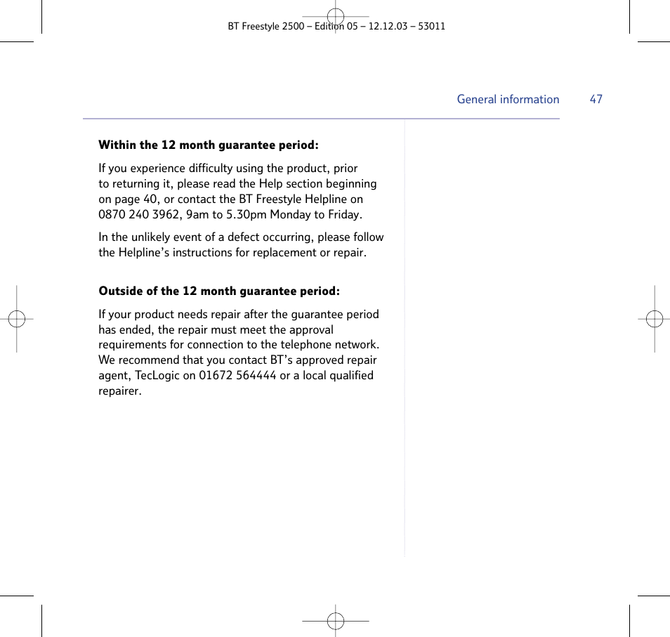 BT Freestyle 2500 User Manual | Page 47 / 52