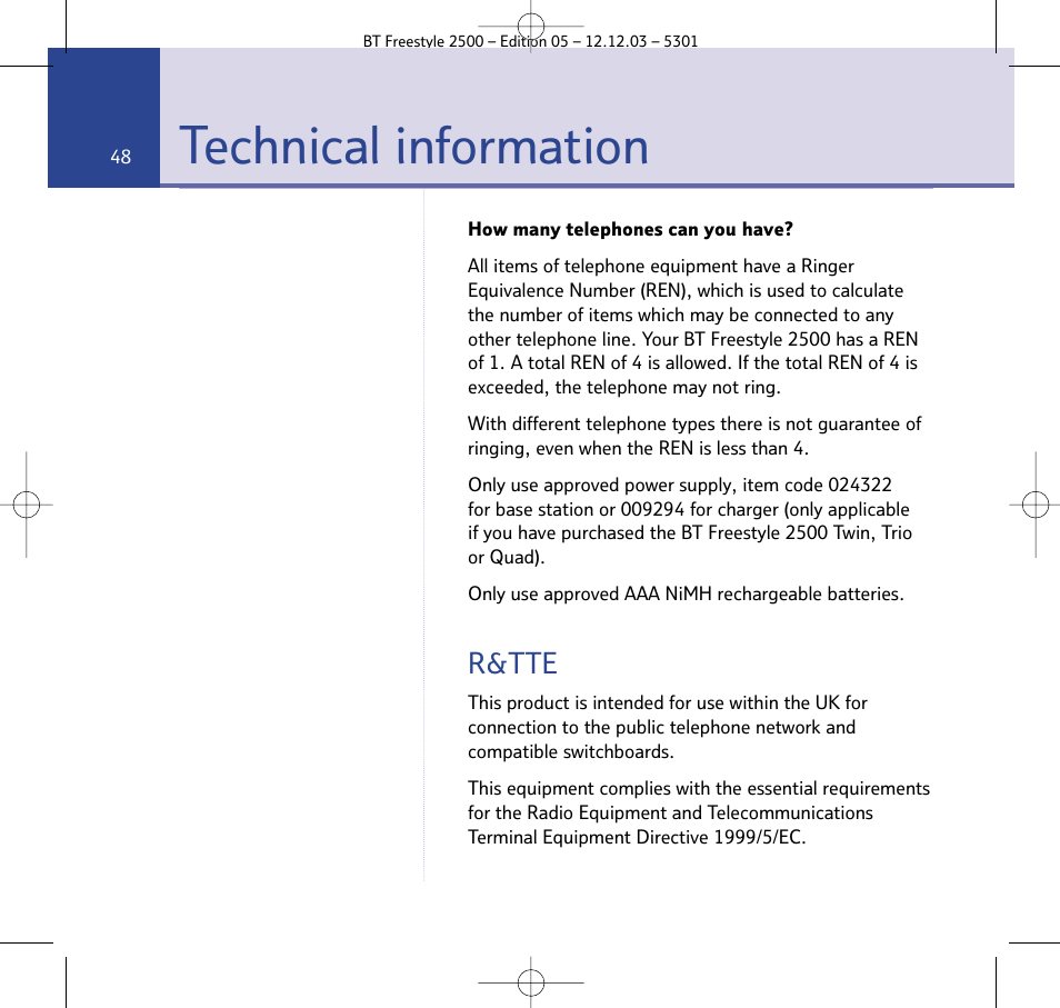 Technical information, R&tte | BT Freestyle 2500 User Manual | Page 48 / 52