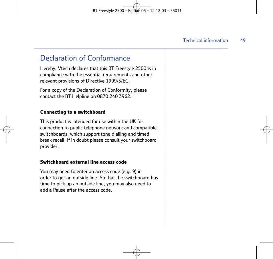 Declaration of conformance | BT Freestyle 2500 User Manual | Page 49 / 52