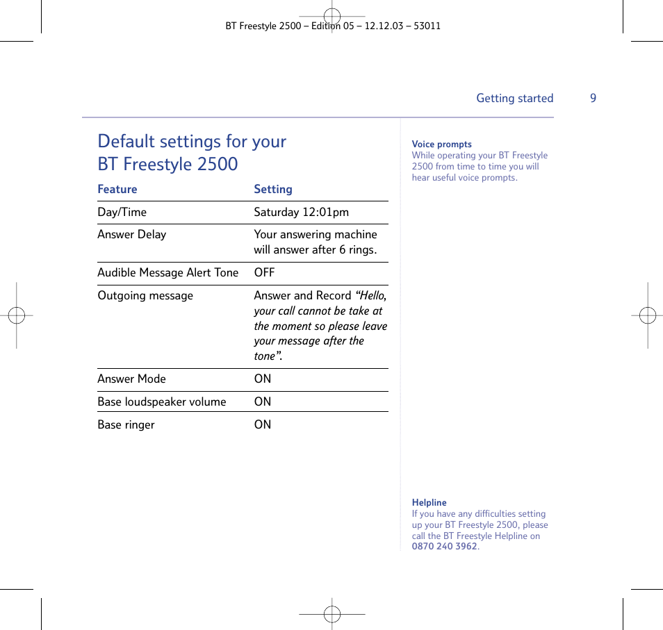 Default settings for your bt freestyle 2500 | BT Freestyle 2500 User Manual | Page 9 / 52
