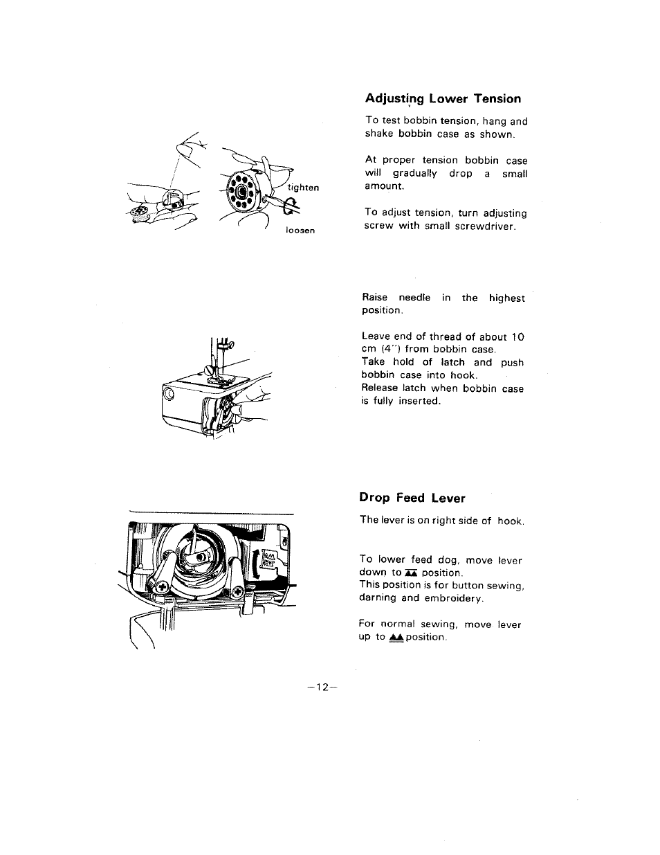 Drop feed lever, Adjusting lower tension | SINGER W1099 User Manual | Page 15 / 37