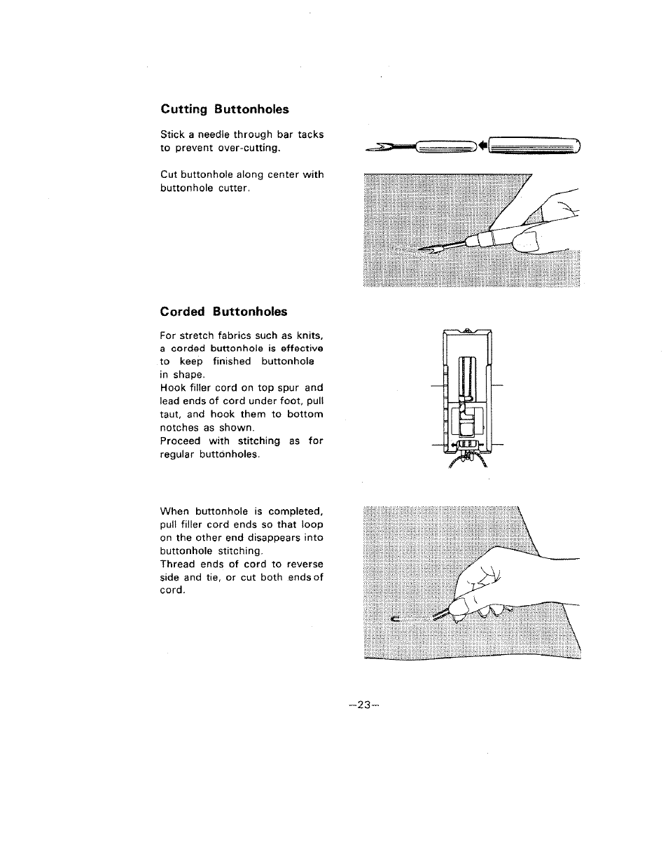 Cutting buttonholes, Corded buttonholes | SINGER W1099 User Manual | Page 26 / 37