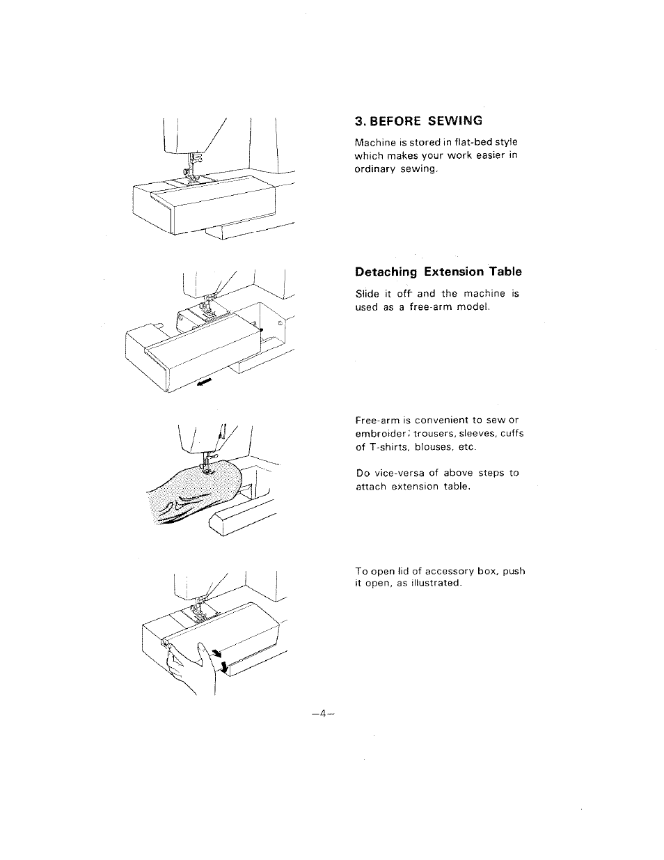 Before sewing, Detaching extension table | SINGER W1099 User Manual | Page 7 / 37