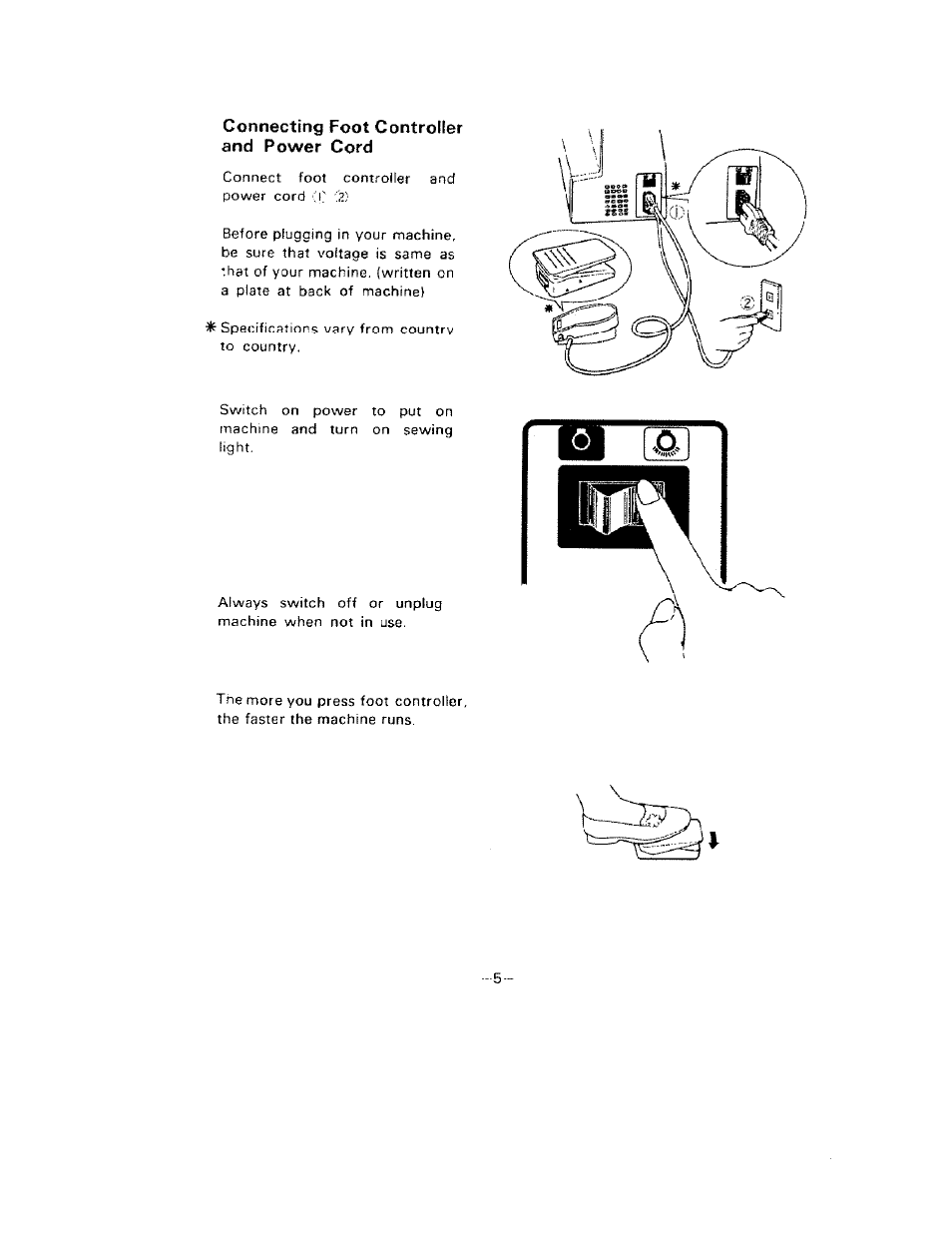 Connecting foot controller and power cord | SINGER W1099 User Manual | Page 8 / 37