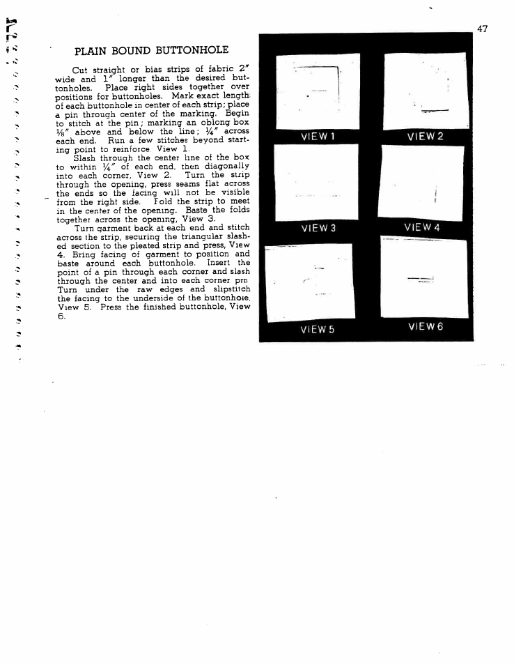 Plain bound buttonhole, View 1, View2 | View 3, View5, View6 | SINGER W1166 User Manual | Page 48 / 48