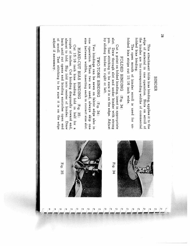 Binder, Folded binding (fig. 34), Two-tone binding (fig. 34) | Hand-cut bias binding (fig. 35) | SINGER W134 User Manual | Page 33 / 40