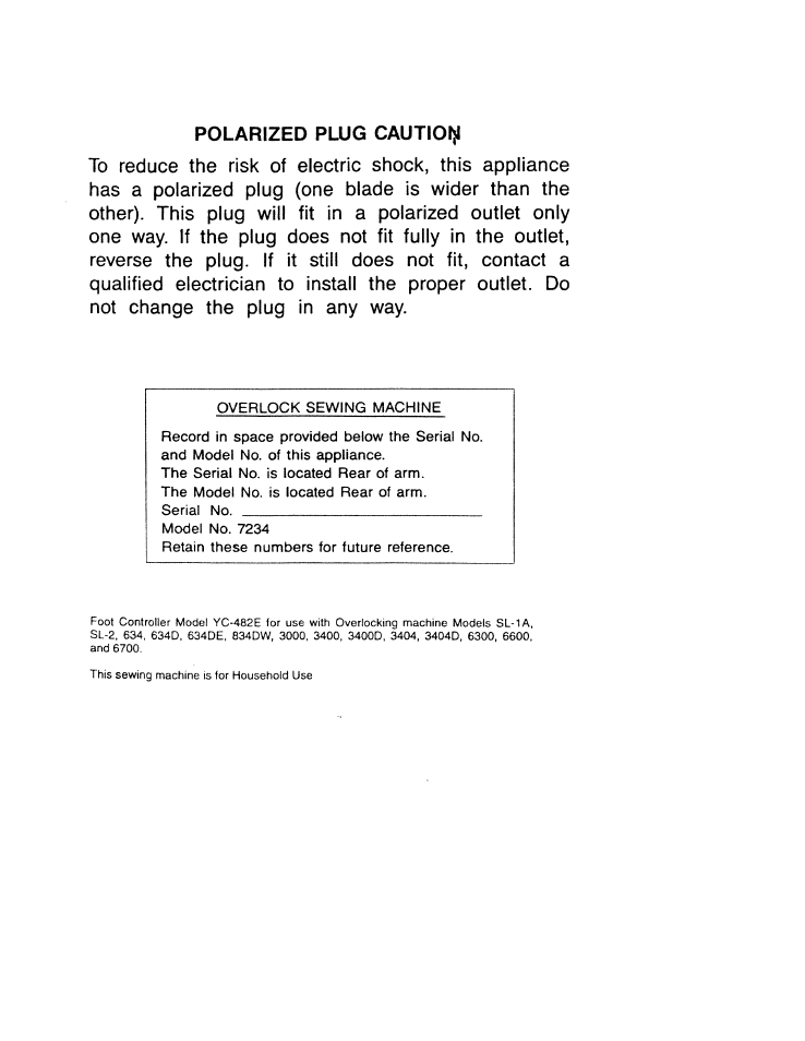 Polarized plug cautioiji | SINGER WSL7234 User Manual | Page 2 / 24
