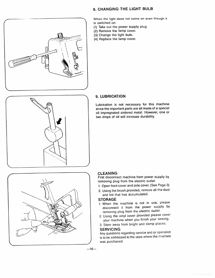 Changing the light bulb, Cleaning, Storage | Servicing | SINGER WSL7234 User Manual | Page 21 / 24