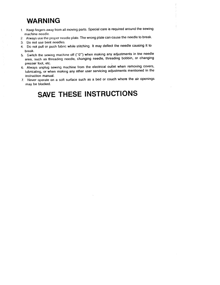 Warning, Save these instructions | SINGER WSL7234 User Manual | Page 4 / 24