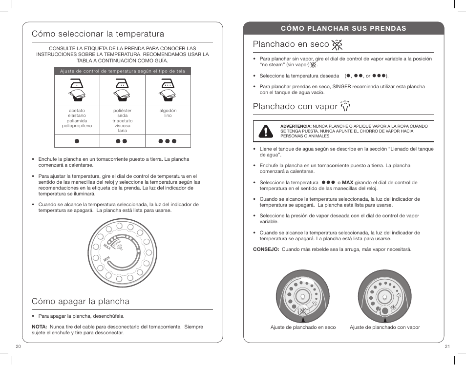 Planchado en seco, Planchado con vapor | SINGER CF Classic Finish User Manual | Page 11 / 15