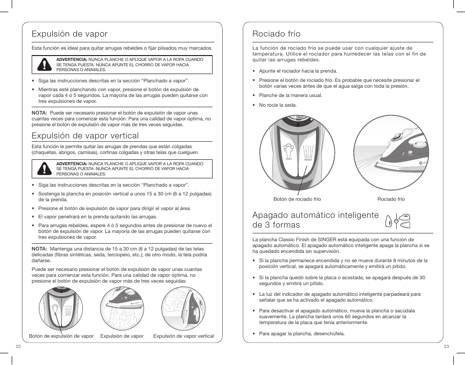 Expulsión de vapor, Expulsión de vapor vertical, Rociado frío | Apagado automático inteligente de 3 formas | SINGER CF Classic Finish User Manual | Page 12 / 15