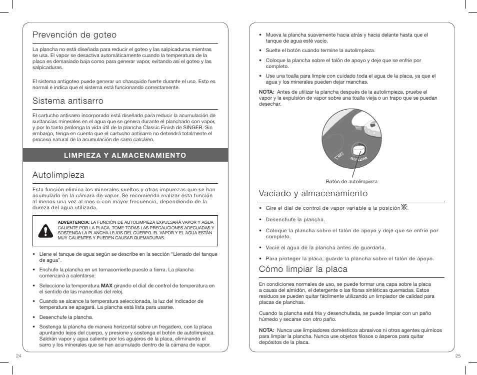 Prevención de goteo, Sistema antisarro, Autolimpieza | Vaciado y almacenamiento, Cómo limpiar la placa | SINGER CF Classic Finish User Manual | Page 13 / 15