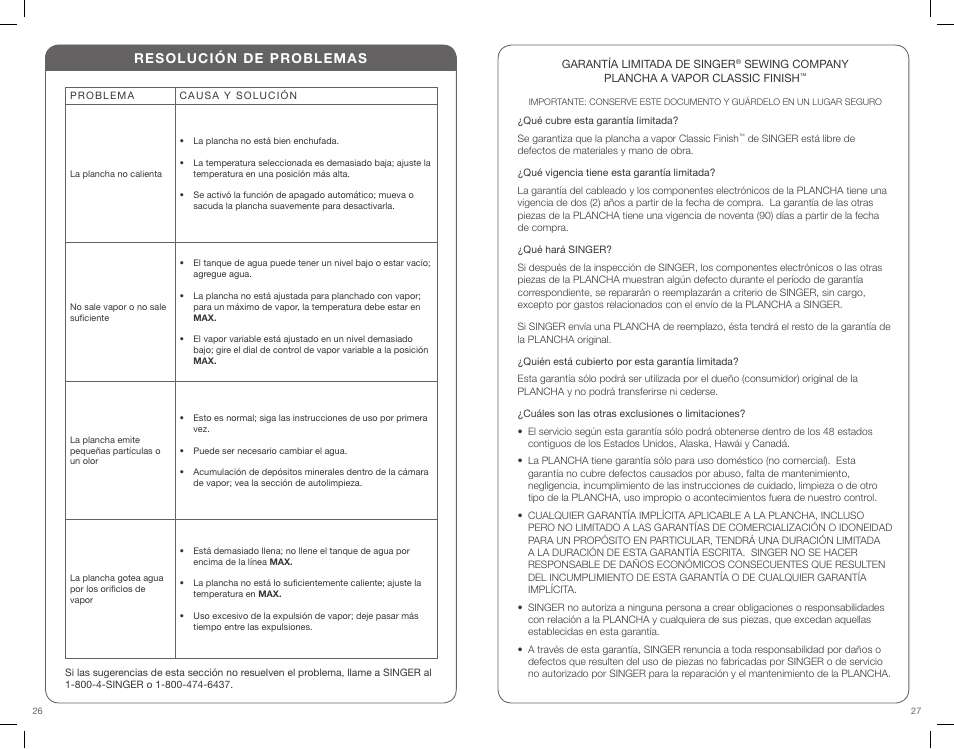 Resolución de problemas | SINGER CF Classic Finish User Manual | Page 14 / 15