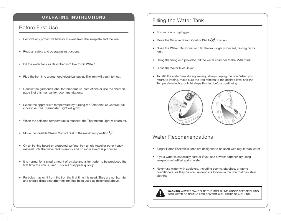 Before first use, Filling the water tank, Water recommendations | SINGER CF Classic Finish User Manual | Page 3 / 15