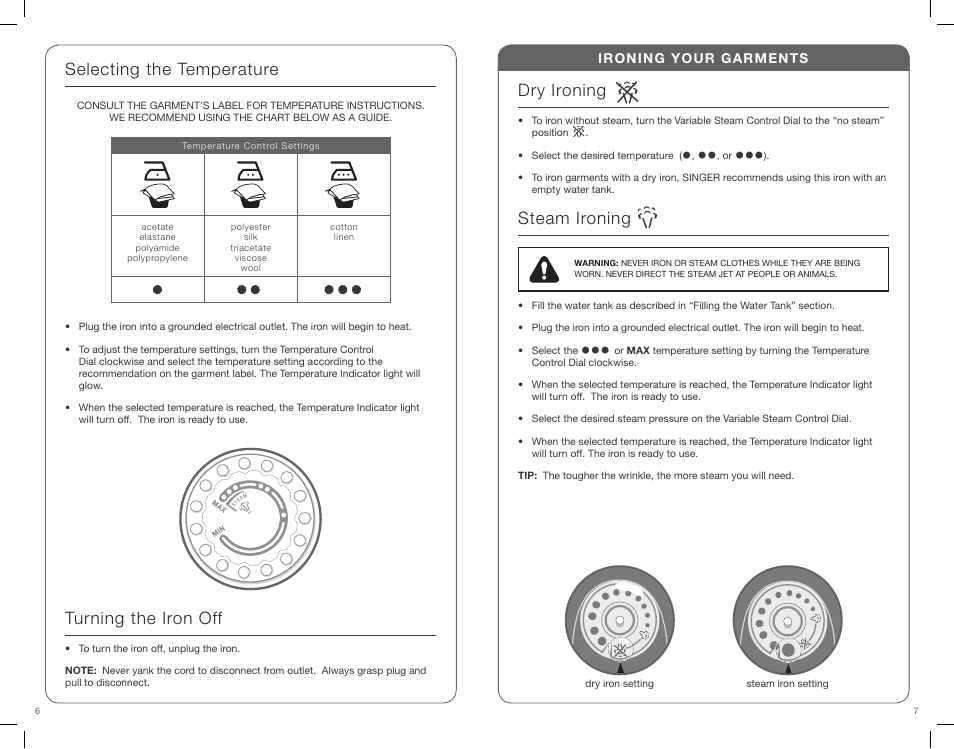 Selecting the temperature turning the iron off, Dry ironing, Steam ironing | SINGER CF Classic Finish User Manual | Page 4 / 15