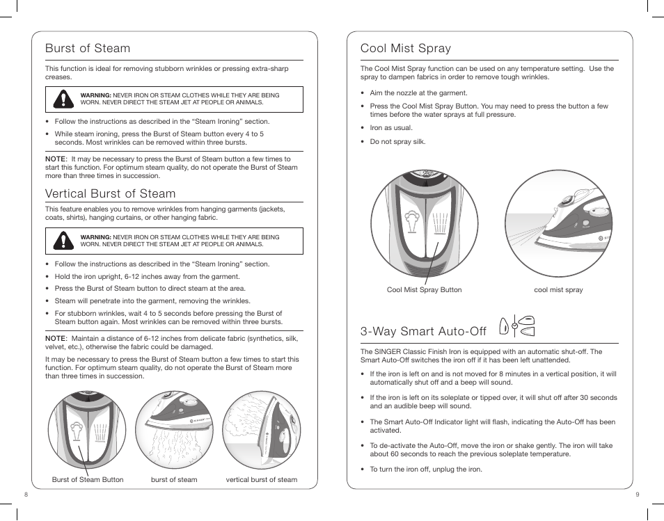 Burst of steam, Vertical burst of steam, Cool mist spray | Way smart auto-off | SINGER CF Classic Finish User Manual | Page 5 / 15