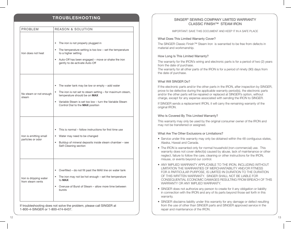 Troubleshooting | SINGER CF Classic Finish User Manual | Page 7 / 15