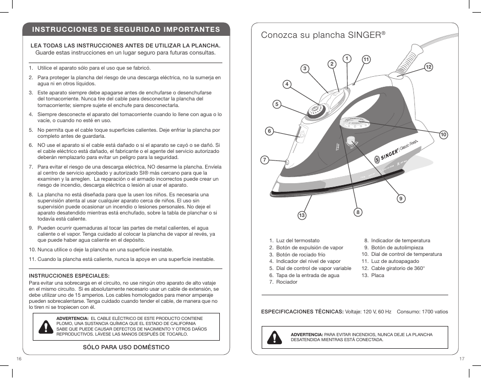 Conozca su plancha singer | SINGER CF Classic Finish User Manual | Page 9 / 15