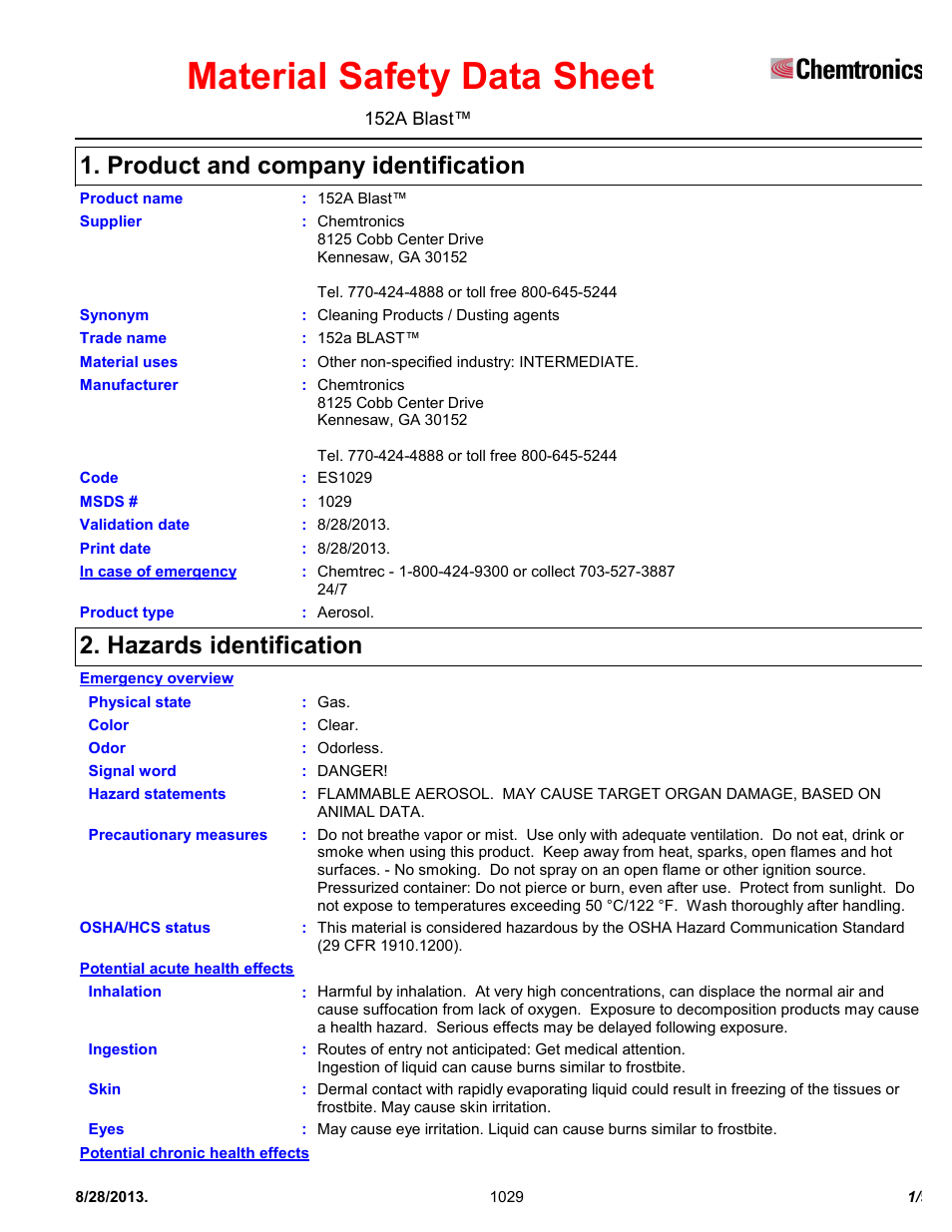 Chemtronics 152a Blast ES1029 User Manual | 9 pages