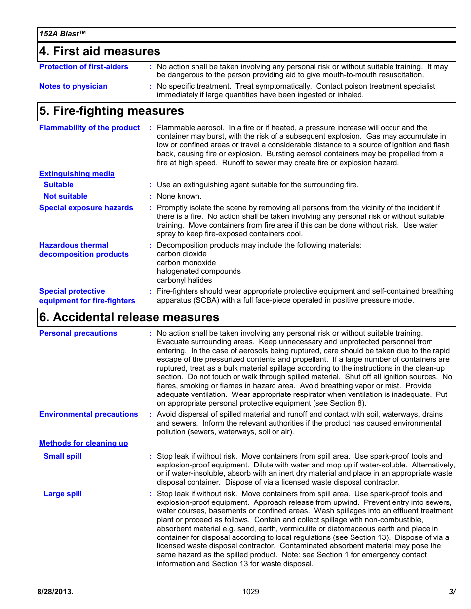 First aid measures, Fire-fighting measures, Accidental release measures | Chemtronics 152a Blast ES1029 User Manual | Page 3 / 9
