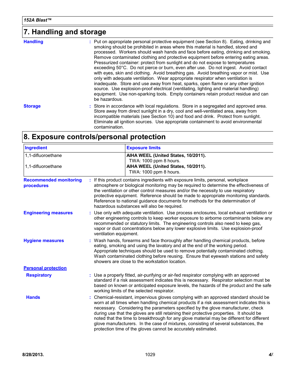 Handling and storage, Exposure controls/personal protection | Chemtronics 152a Blast ES1029 User Manual | Page 4 / 9