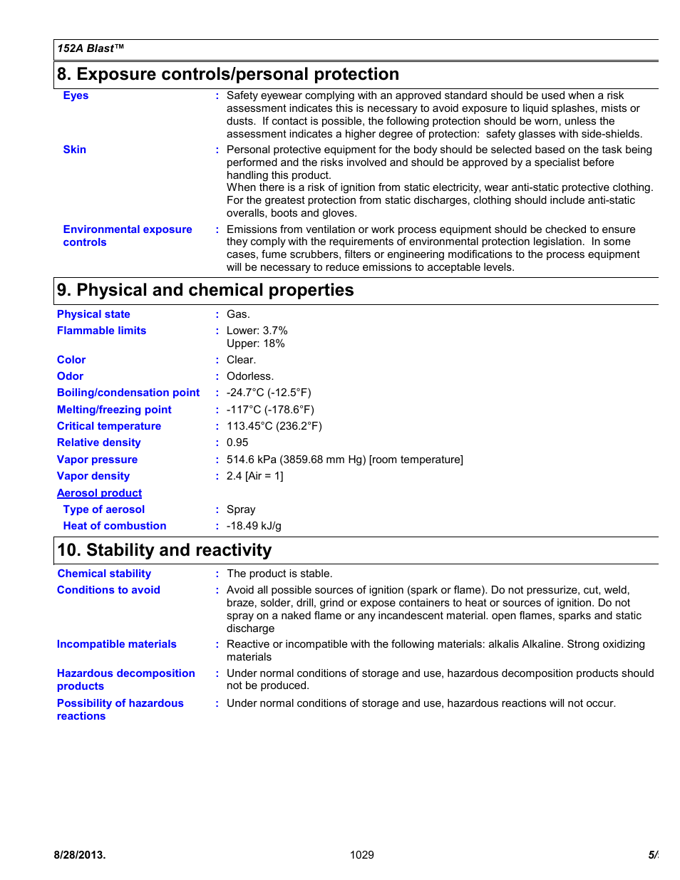 Exposure controls/personal protection, Physical and chemical properties, Stability and reactivity | Chemtronics 152a Blast ES1029 User Manual | Page 5 / 9
