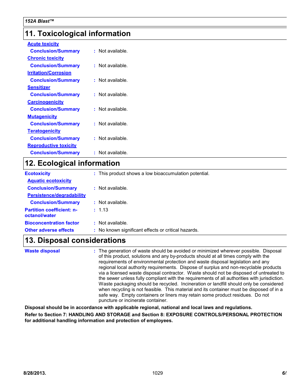 Toxicological information, Ecological information, Disposal considerations | Chemtronics 152a Blast ES1029 User Manual | Page 6 / 9