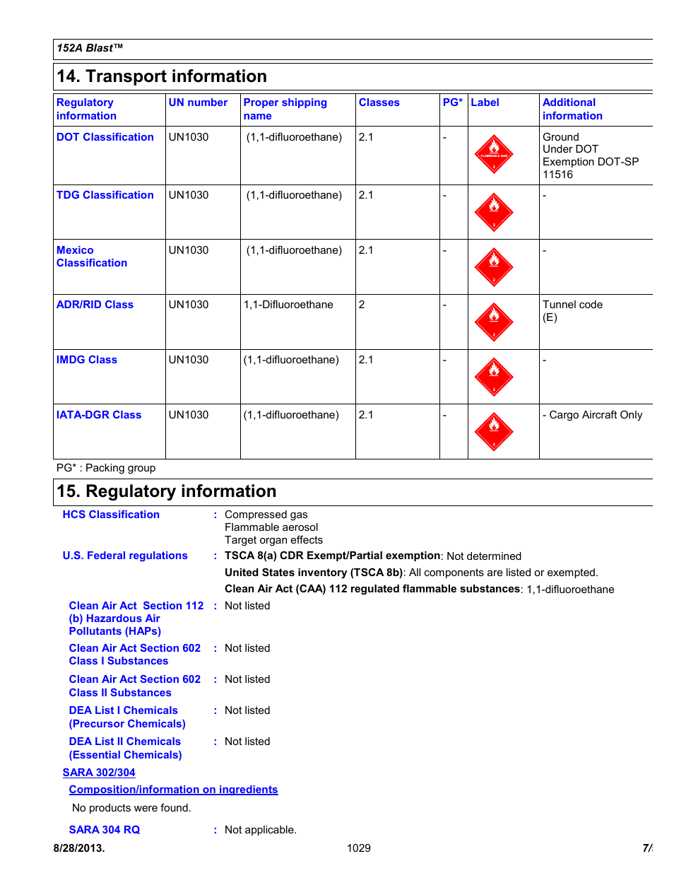 Transport information, Regulatory information | Chemtronics 152a Blast ES1029 User Manual | Page 7 / 9