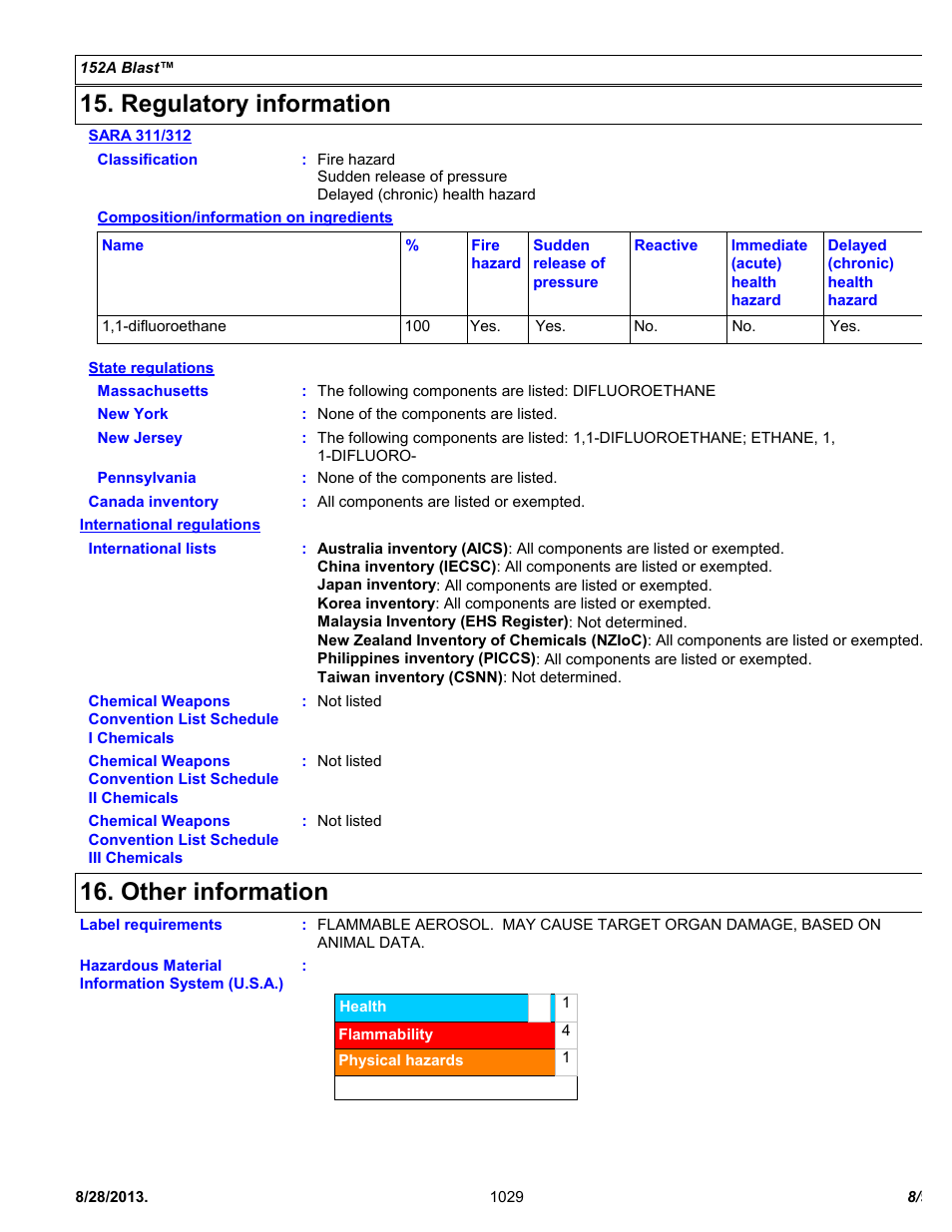 Regulatory information, Other information | Chemtronics 152a Blast ES1029 User Manual | Page 8 / 9