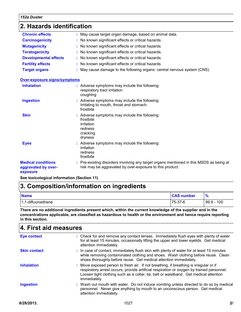 Hazards identification, Composition/information on ingredients, First aid measures | Chemtronics 152a Duster ES1027 User Manual | Page 2 / 9