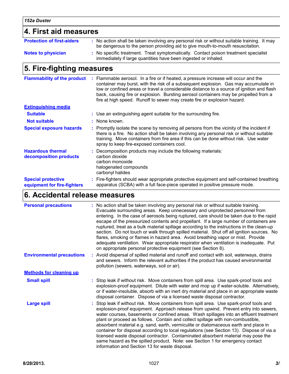 First aid measures, Fire-fighting measures, Accidental release measures | Chemtronics 152a Duster ES1027 User Manual | Page 3 / 9