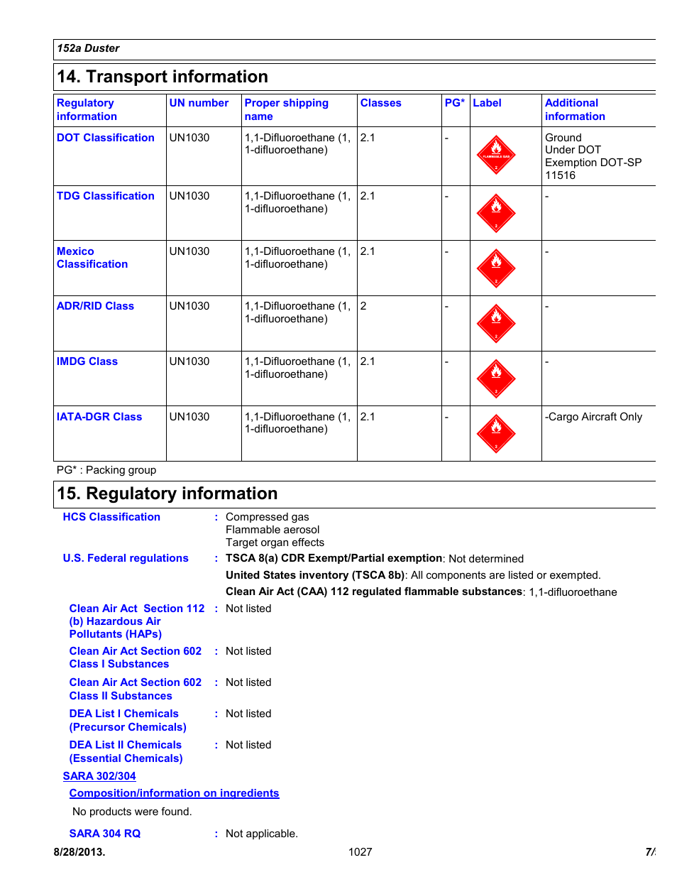 Transport information, Regulatory information | Chemtronics 152a Duster ES1027 User Manual | Page 7 / 9