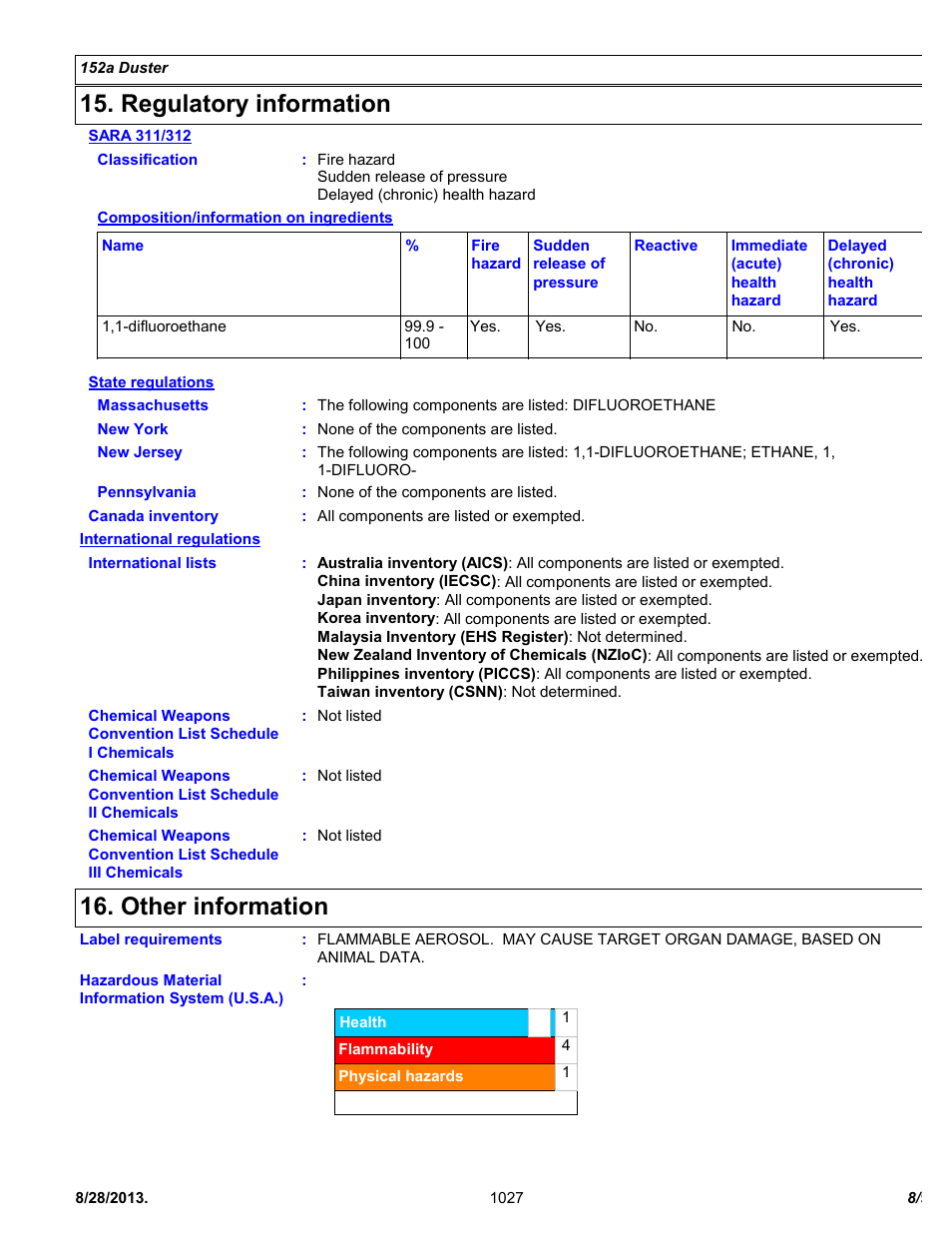 Regulatory information, Other information | Chemtronics 152a Duster ES1027 User Manual | Page 8 / 9