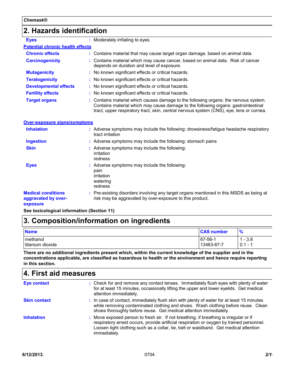Hazards identification, Composition/information on ingredients, First aid measures | Chemtronics Chemask® Peelable CM8 User Manual | Page 2 / 10