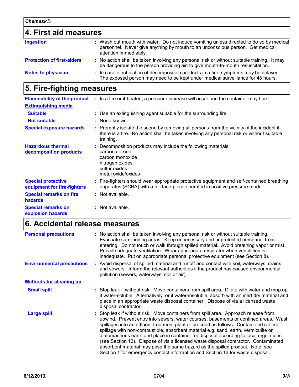 First aid measures, Fire-fighting measures, Accidental release measures | Chemtronics Chemask® Peelable CM8 User Manual | Page 3 / 10