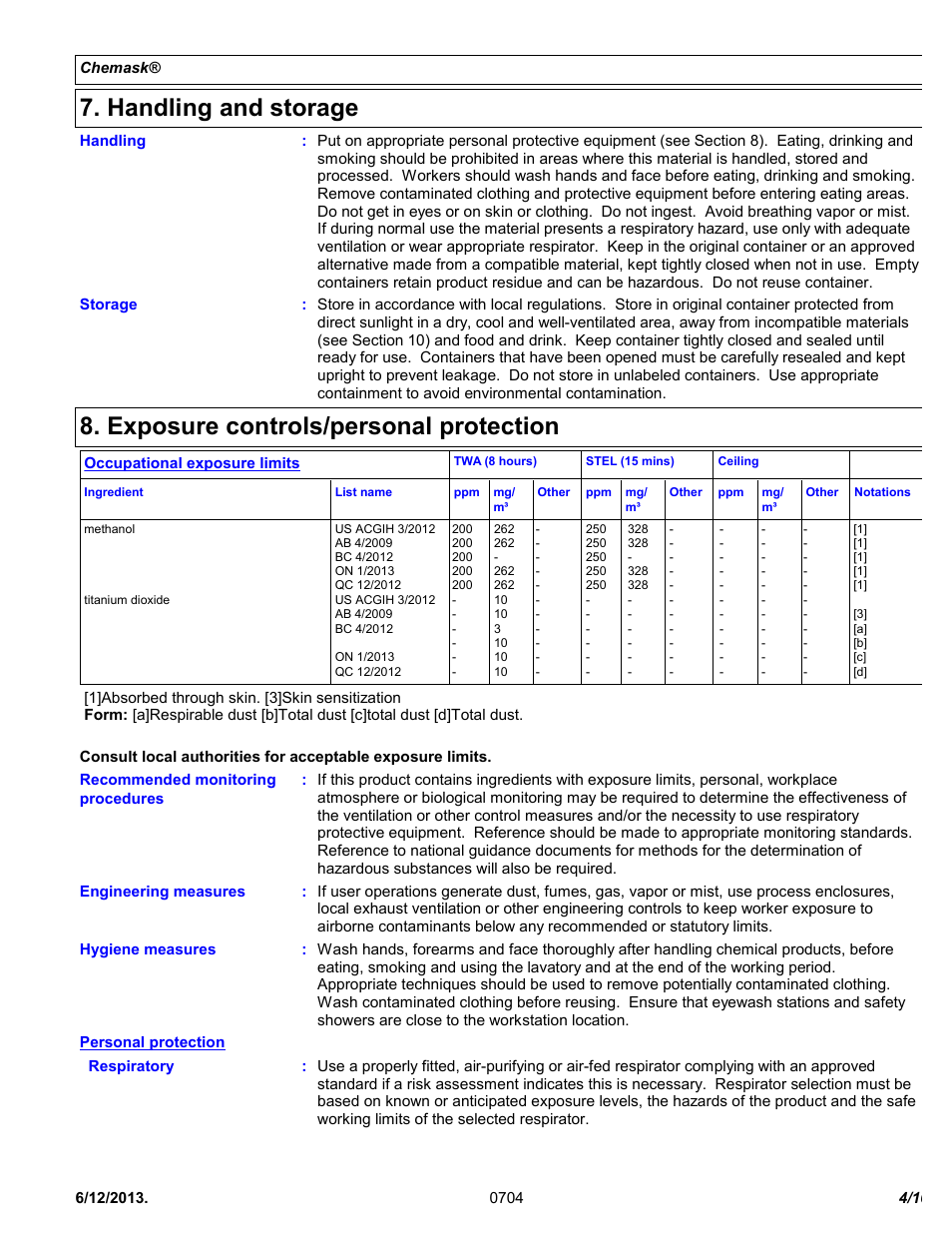 Handling and storage, Exposure controls/personal protection | Chemtronics Chemask® Peelable CM8 User Manual | Page 4 / 10