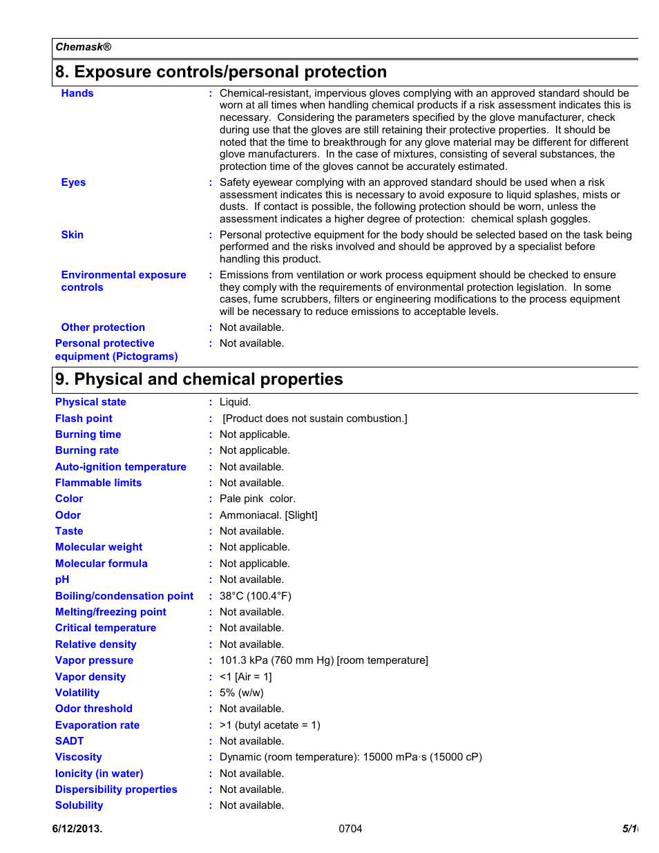 Exposure controls/personal protection, Physical and chemical properties | Chemtronics Chemask® Peelable CM8 User Manual | Page 5 / 10