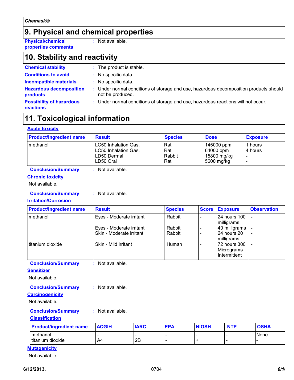 Physical and chemical properties, Stability and reactivity, Toxicological information | Chemtronics Chemask® Peelable CM8 User Manual | Page 6 / 10