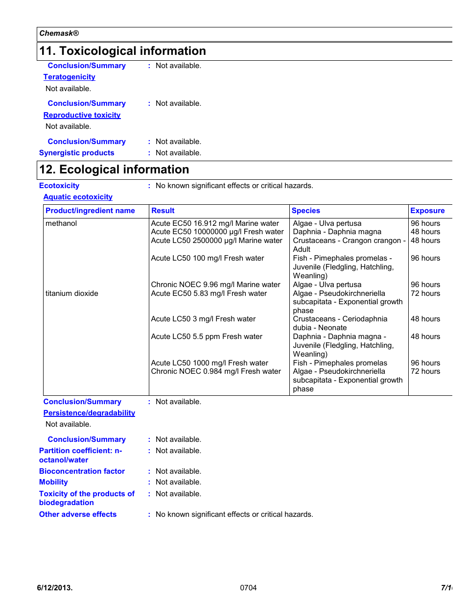 Toxicological information, Ecological information | Chemtronics Chemask® Peelable CM8 User Manual | Page 7 / 10