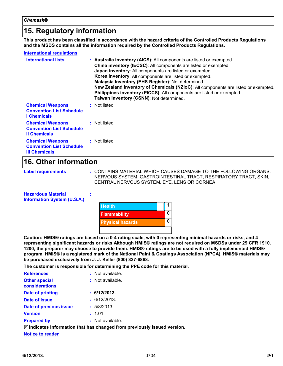 Regulatory information, Other information | Chemtronics Chemask® Peelable CM8 User Manual | Page 9 / 10