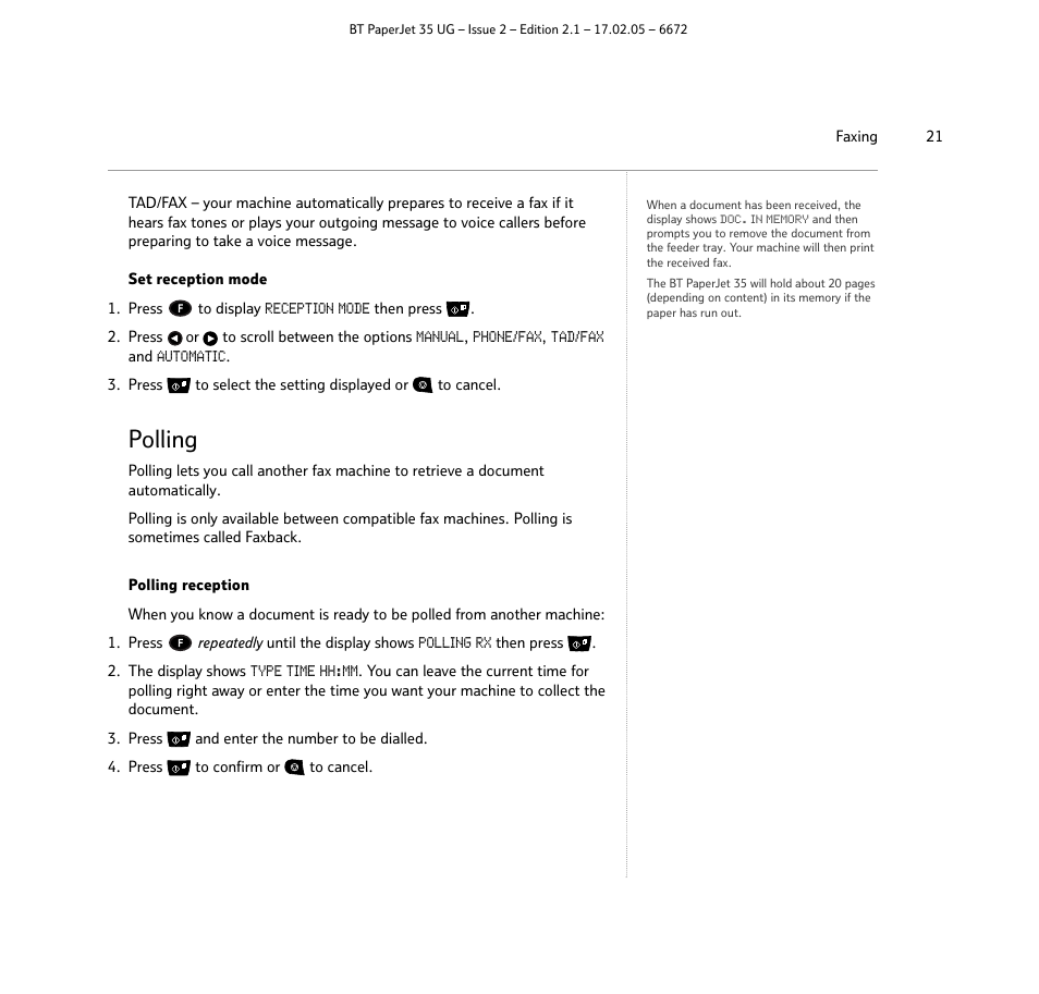 Polling | BT PaperJet 35 User Manual | Page 21 / 75