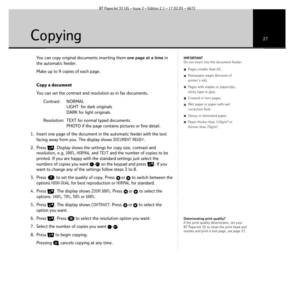 Copying | BT PaperJet 35 User Manual | Page 27 / 75