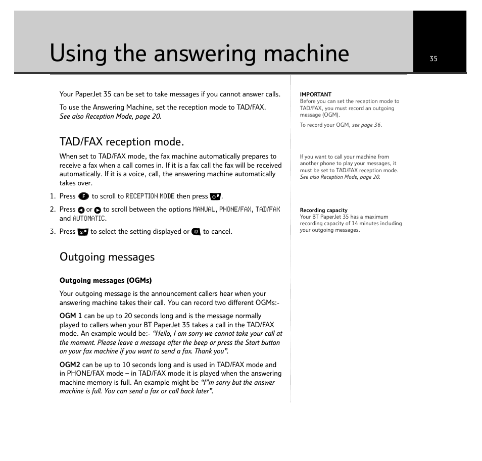 Using the answering machine, Tad/fax reception mode, Outgoing messages | BT PaperJet 35 User Manual | Page 35 / 75