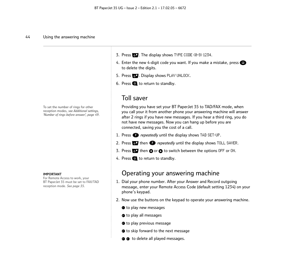 Toll saver, Operating your answering machine | BT PaperJet 35 User Manual | Page 44 / 75