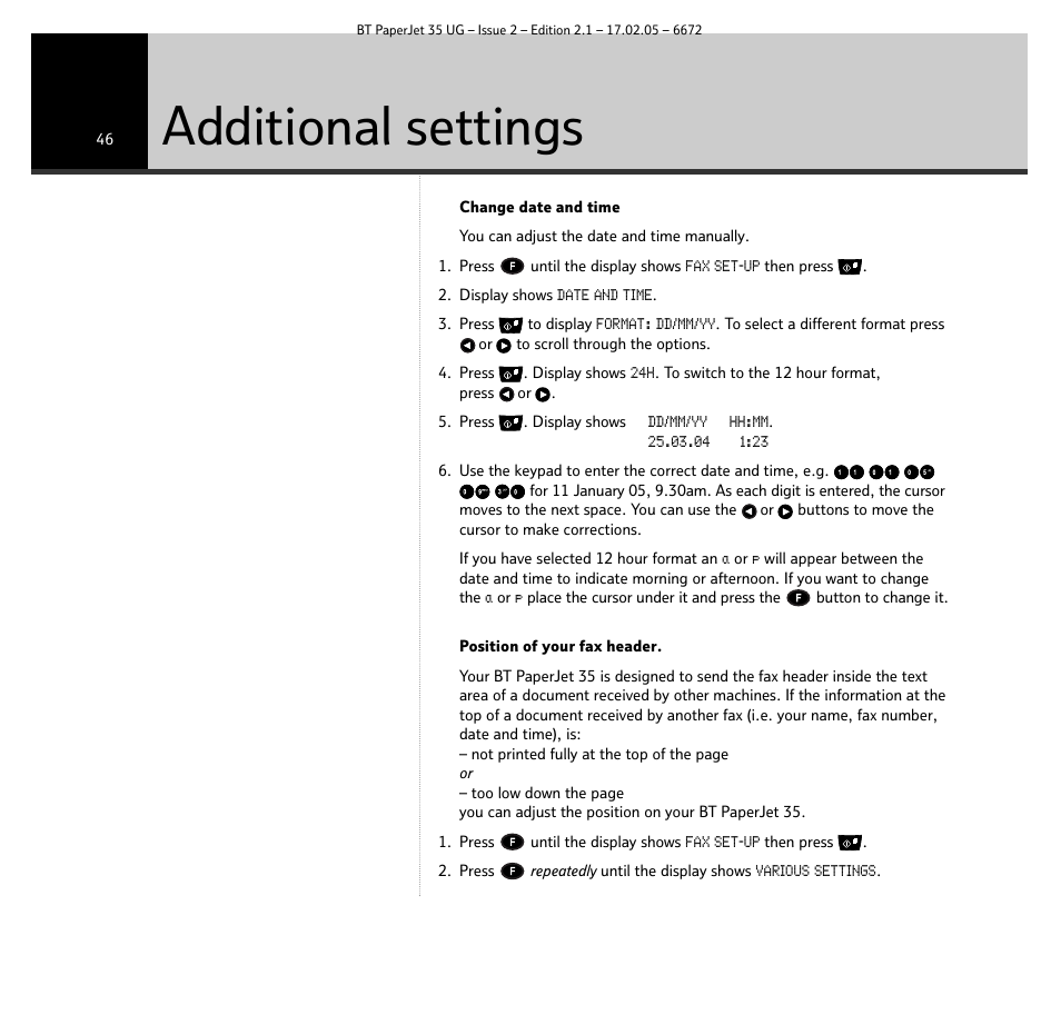 Additional settings | BT PaperJet 35 User Manual | Page 46 / 75