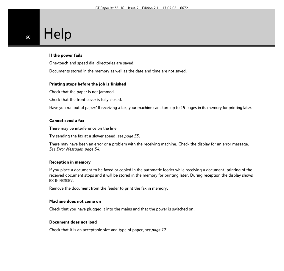 Help | BT PaperJet 35 User Manual | Page 60 / 75