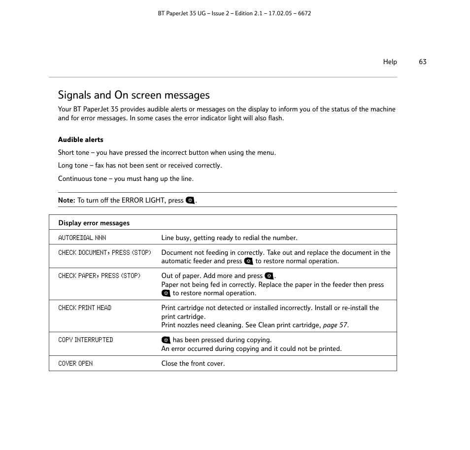 Signals and on screen messages | BT PaperJet 35 User Manual | Page 63 / 75